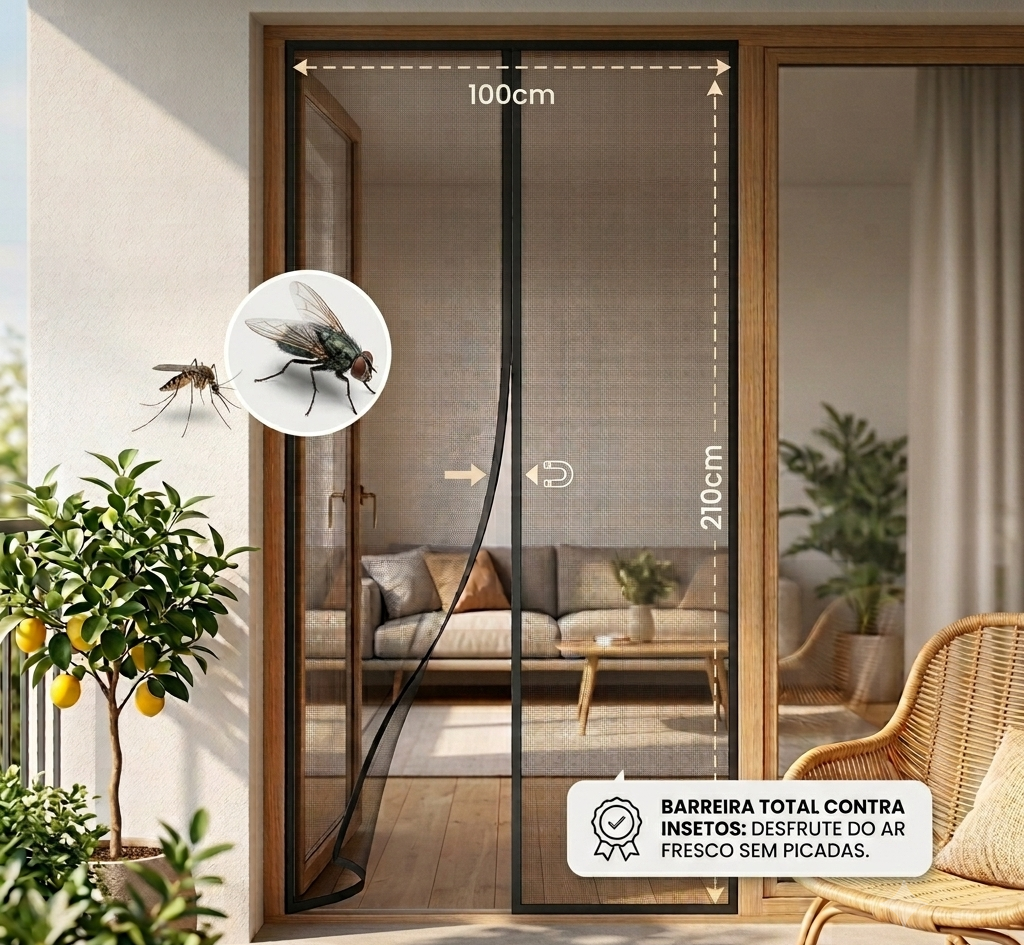 Rede Mosquiteira Magnética Premium para Porta/Varanda (210x100cm)